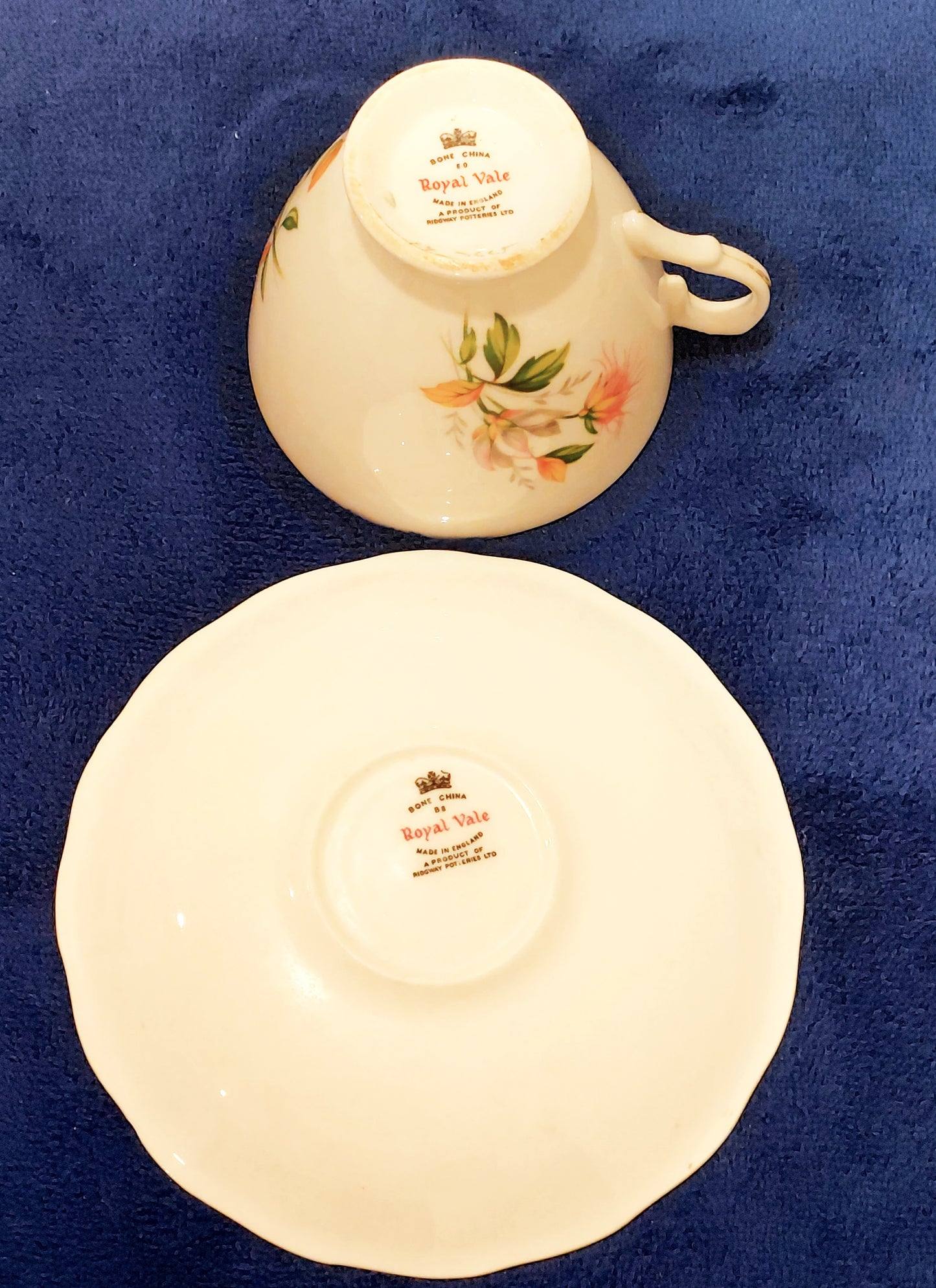 RV006 - Royal Vale Bone China Teacup and Saucer with Floral Design (Soft Pastel Flowers)