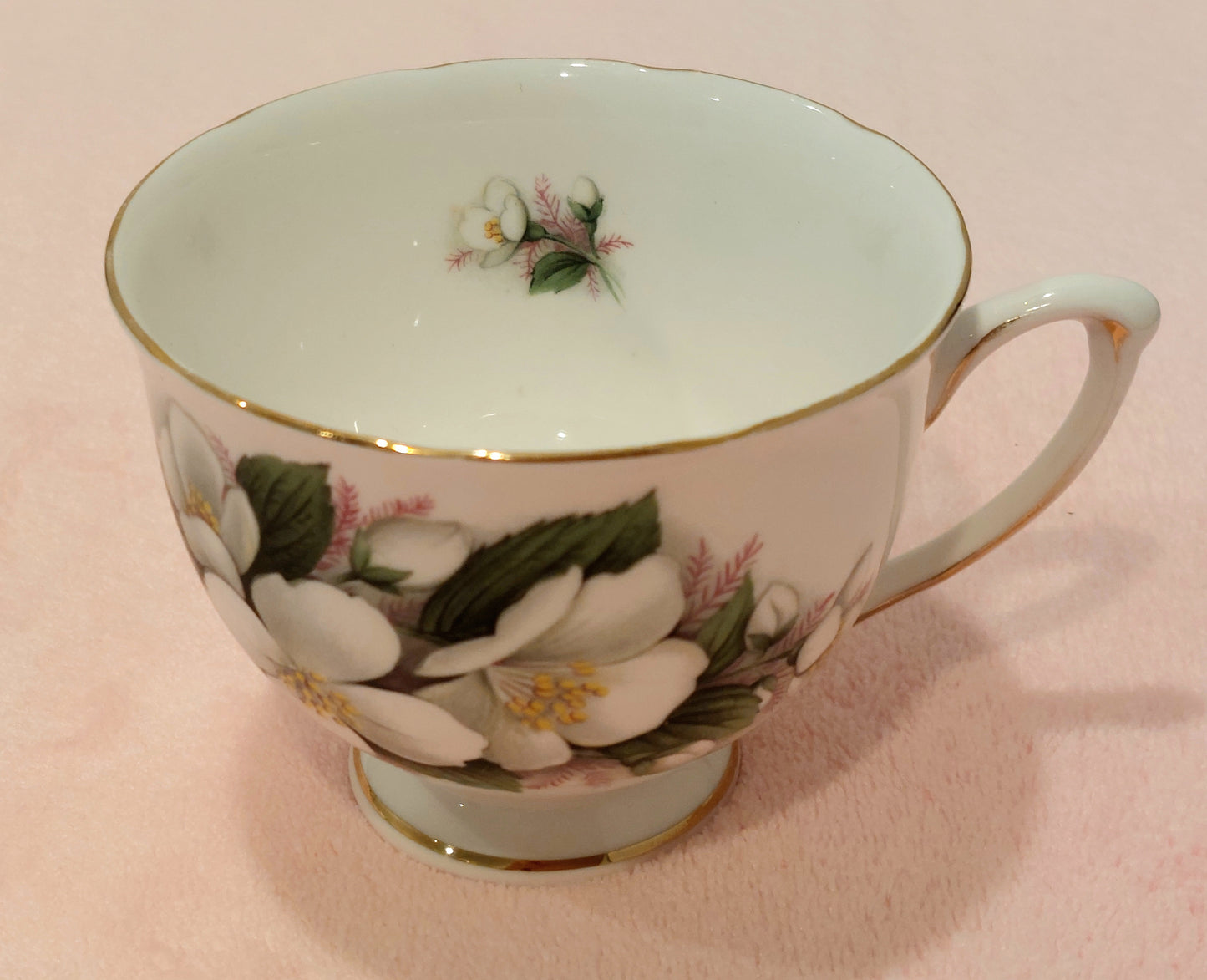 RV007- Royal Vale Bone China Teacup and Saucer with White Blossom Flower