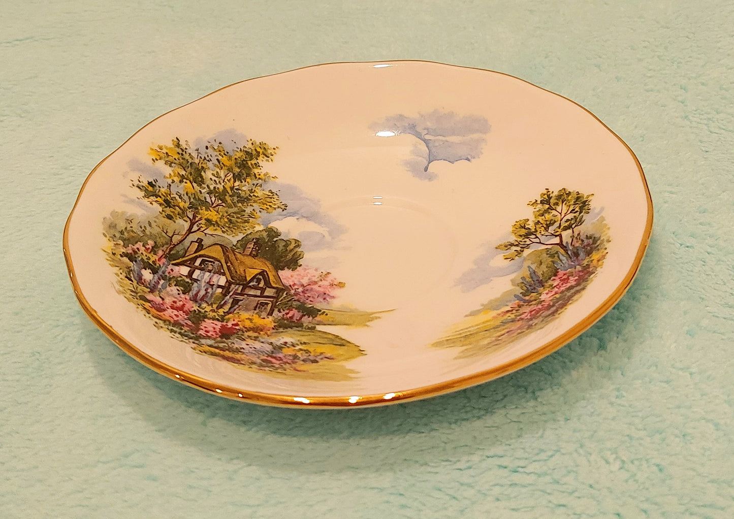 RV012 - Royal Vale Bone China Teacup & Saucer with Beautiful Countryside Cottage Scene & Flowers Garden - Made in England
