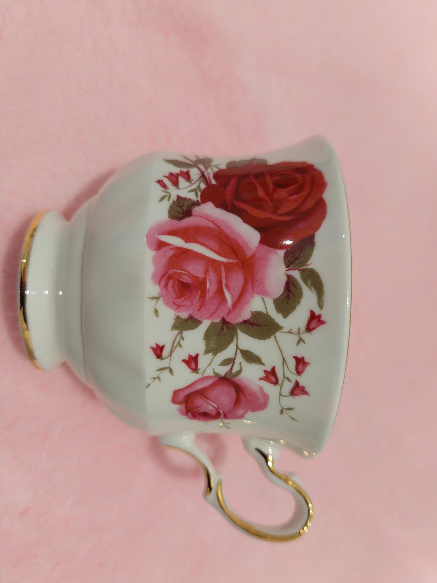 QA007 - Queen Anne Bone China “Pink & Red Roses” Teacup and Saucer