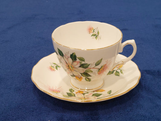 RV006 - Royal Vale Bone China Teacup and Saucer with Floral Design (Soft Pastel Flowers)