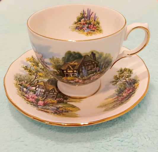 RV012 - Royal Vale Bone China Teacup & Saucer with Beautiful Countryside Cottage Scene & Flowers Garden - Made in England