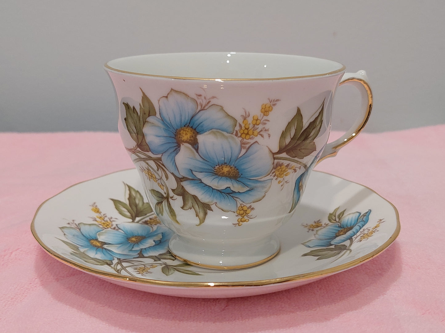 QA011- Queen Anne Bone China "Blue Popy Flowers" Teacup and Saucer