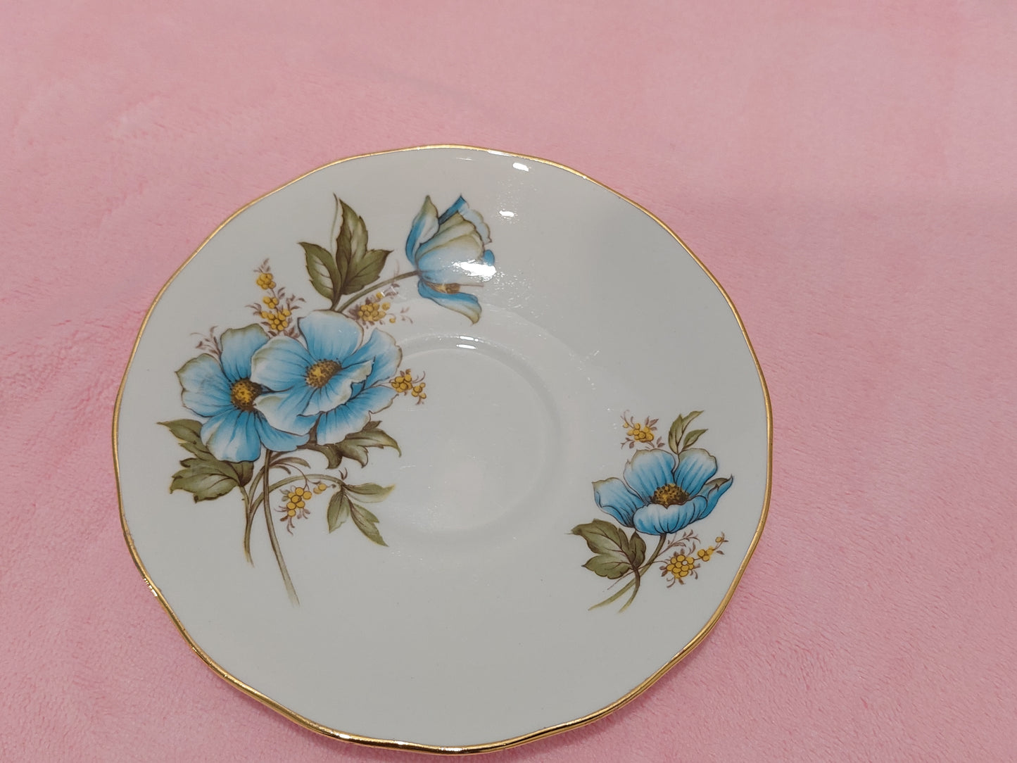 QA011- Queen Anne Bone China "Blue Popy Flowers" Teacup and Saucer