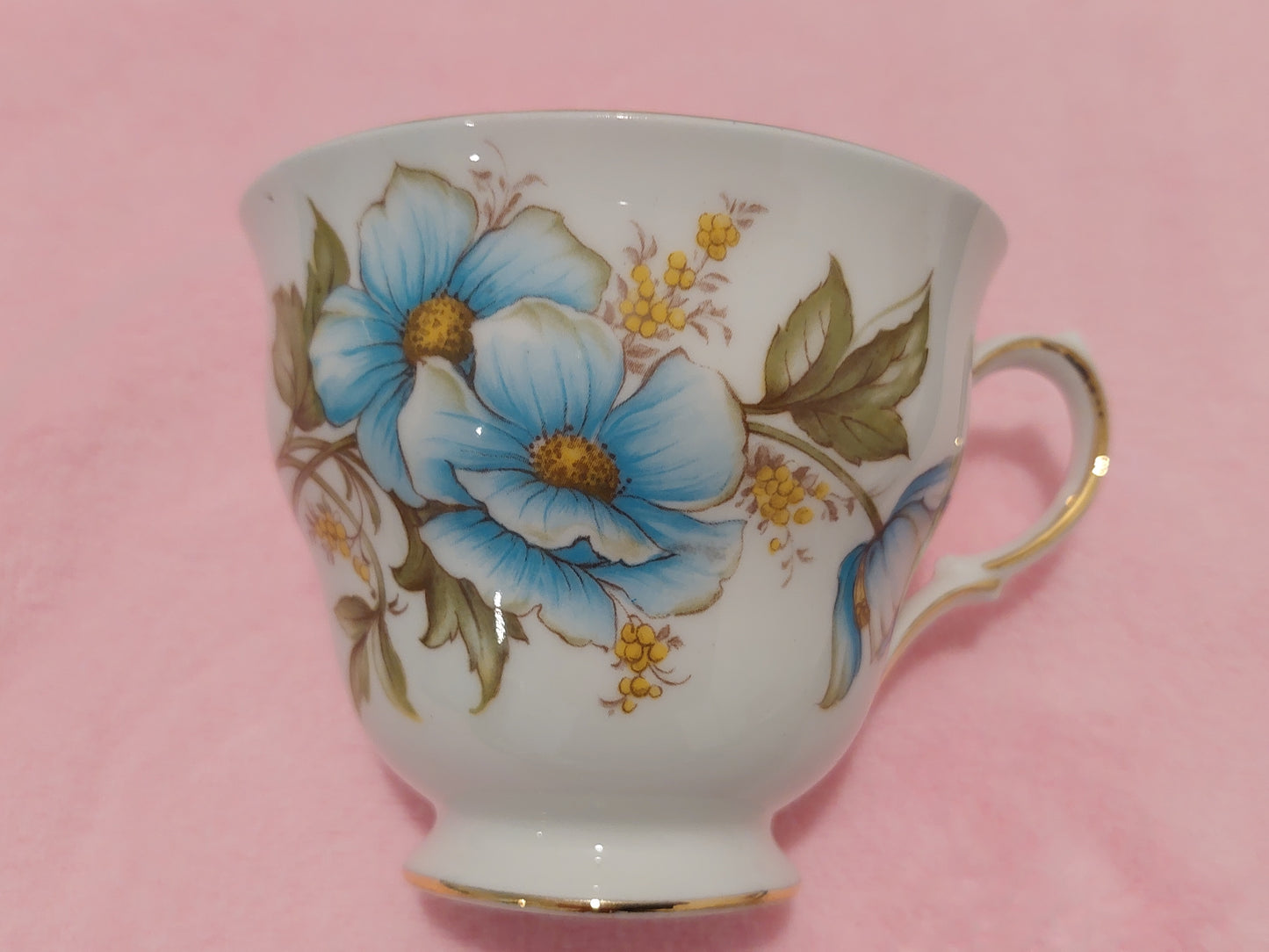 QA011- Queen Anne Bone China "Blue Popy Flowers" Teacup and Saucer