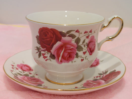 QA007 - Queen Anne Bone China “Pink & Red Roses” Teacup and Saucer