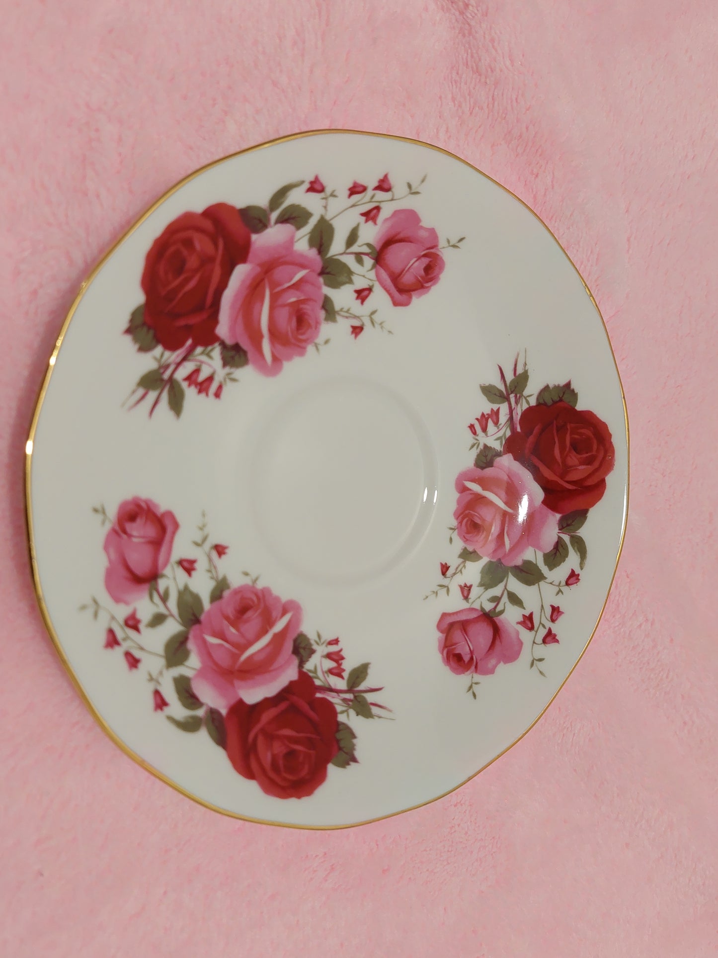 QA007 - Queen Anne Bone China “Pink & Red Roses” Teacup and Saucer
