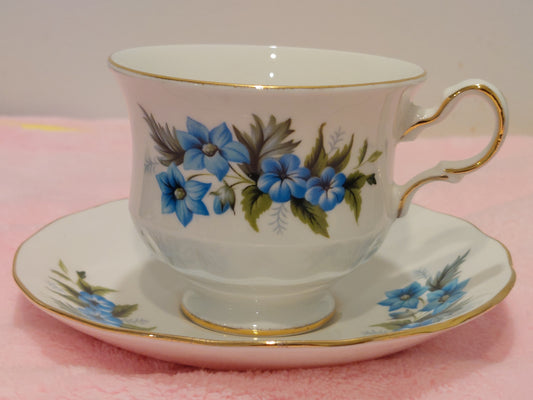 QA008 - Queen Anne Bone China Blue Floral Design Teacup and Saucer