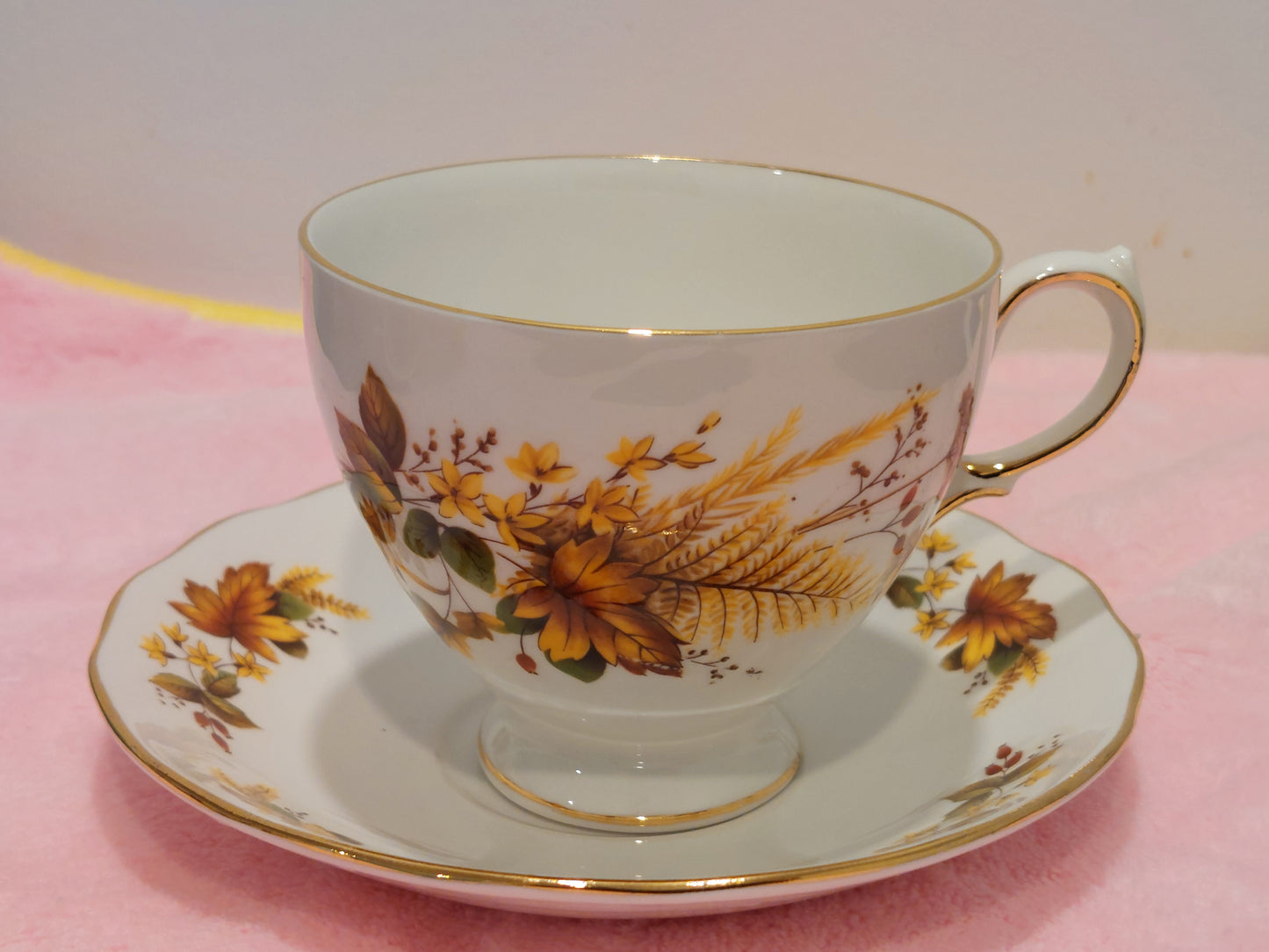 QA009 - Queen Anne China Bone "Fall Design" Teacup and Saucer