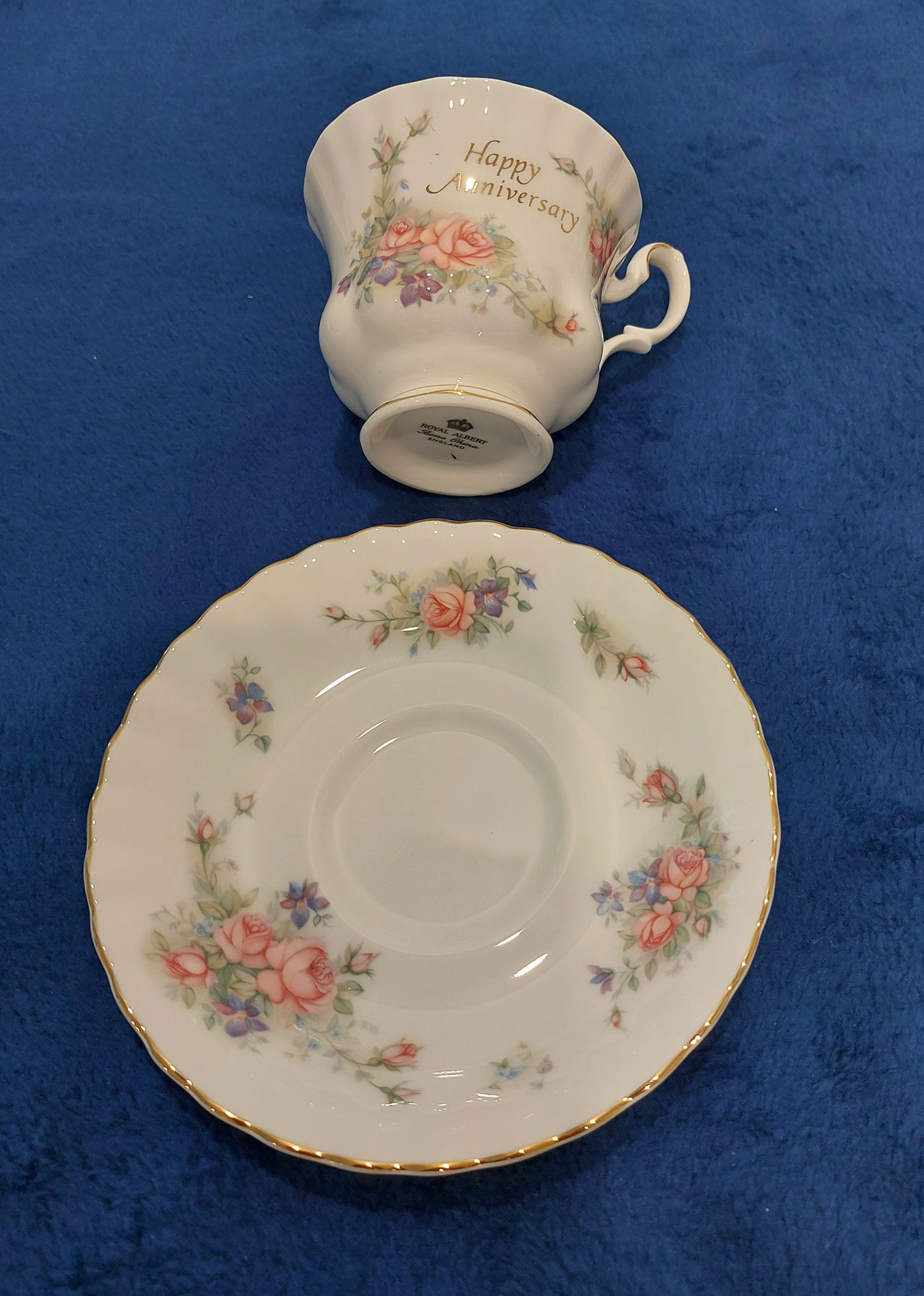 RA024 – Royal Albert Bone China “Happy Anniversary” Teacup and Saucer