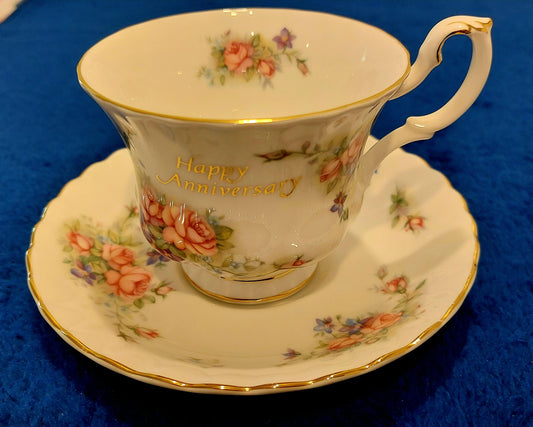 RA024 – Royal Albert Bone China “Happy Anniversary” Teacup and Saucer